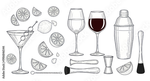 Cocktail Bar Essentials Collection Hand Drawn Sketch Style.