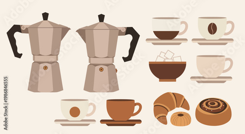 Coffee Making Equipment and Breakfast Pastries Collection.