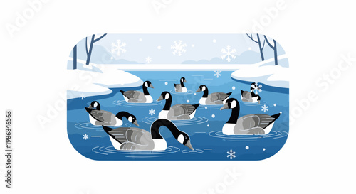 Flock of geese swimming on icy water with snowflakes falling