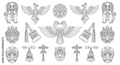 Collection of Ancient Asian and Mythological Symbols and Artifacts.