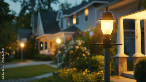 Quiet residential neighborhood street at twilight with warm house lights and glowing street lamps