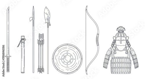 Collection of Ancient Japanese Warrior Weapons and Armor.