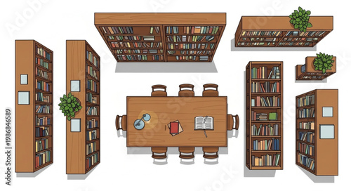 Library interior with bookshelves and a conference table.