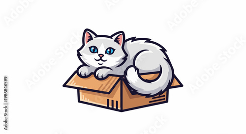 Fluffy white cat with bright blue eyes peeking out of a cardboard box
