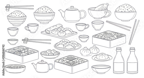 Collection of Asian Food and Drink Items Hand Drawn Sketch.