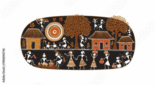 Folk art depicts village life with people, homes, trees, and crafts