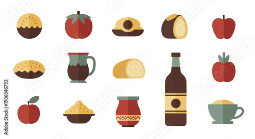 Collection of assorted food and drink items in flat design style.