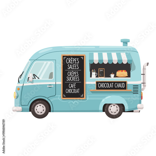 Cute Blue Food Truck Selling Crepes and Hot Chocolate with Menu Board