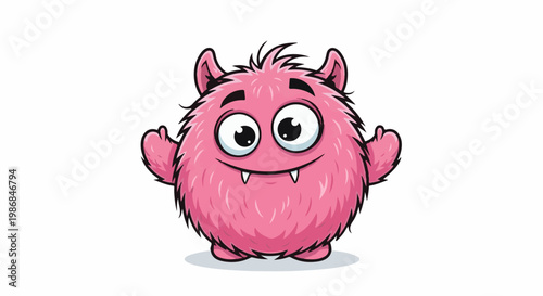 Fluffy pink cartoon monster with big eyes and small fangs