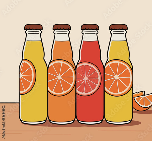 Illustration of Four Colorful Drink Bottles with Citrus Slices
