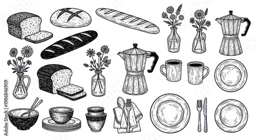 Collection of Bakery Items and Coffee Making Essentials.