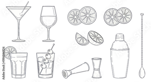 Collection of Barware and Cocktail Ingredients Hand Drawn Sketch.