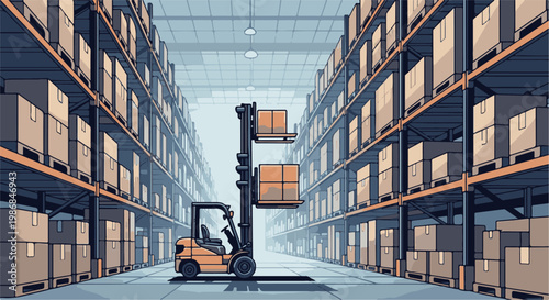 Forklift elevates boxes in a tall warehouse aisle stacked high with cardboard cargo