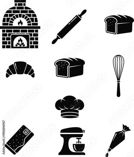 Bakery icons set oven pastries tools and ingredients for culinary arts