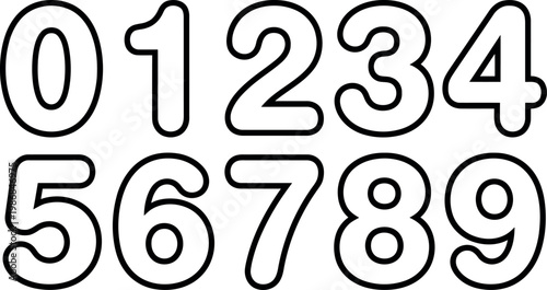 Numbers 0 to 9 in bold font with black outline on white background