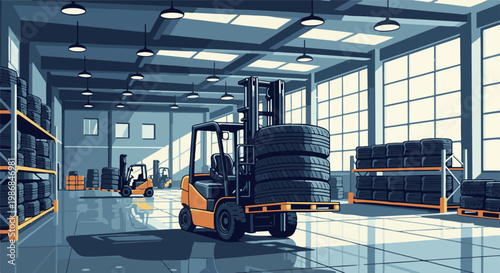 Forklift loads tires in a vast, brightly lit industrial warehouse