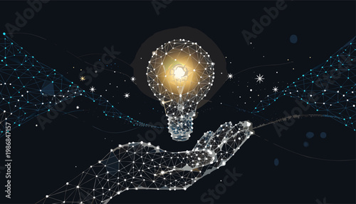 Futuristic Plexus Concept of a Glowing Idea Bulb in a Cybernetic Palm Over Dark Tech Background for Artificial Intelligence and Global Networking.eps