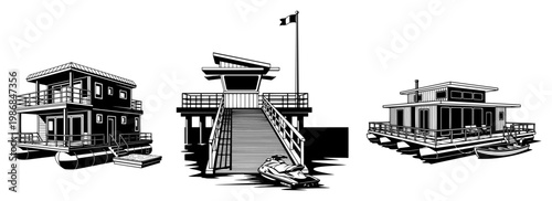 Modern houseboats and pier architectural structures on water in minimalist black and white style