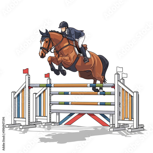 Equestrian jumping competition, horse and rider clearing an obstacle, dynamic action shot.