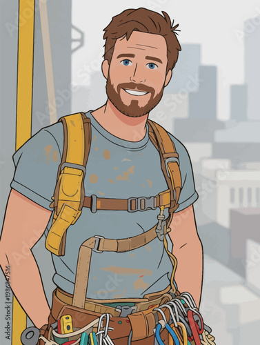 Bearded Worker with Climbing Gear in Urban Setting