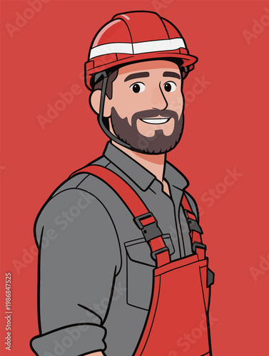 Male Worker in Red Hard Hat and Overalls