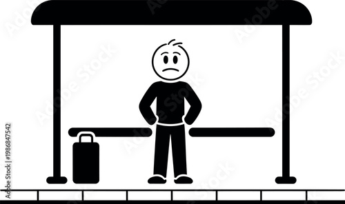 Sad man standing alone at a bus stop with luggage waiting for transportation