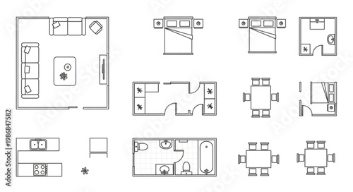 Collection of various floor plan layouts for apartments and houses.