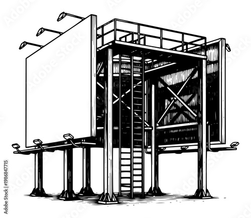 Large billboard advertising structure with blank board and metal frame in vintage engraving style