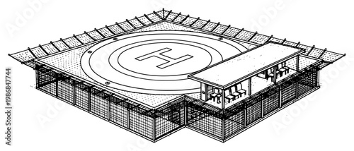Helicopter landing pad on elevated platform with safety fence and shelter in vintage engraving style