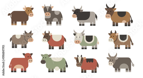 Collection of Diverse Cartoon Cows in Various Colors and Patterns.
