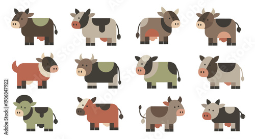 Collection of Diverse Cartoon Cows in Various Colors and Patterns.