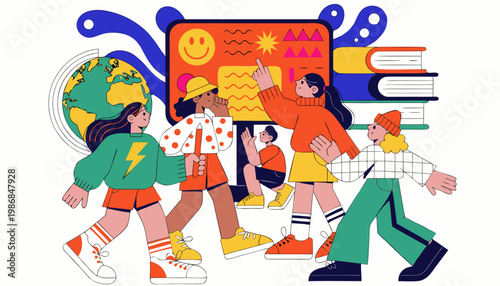 Innovative E-Learning Concept with Teacher and Children Interacting with Large Tablet Display, Educational Science and Geography Elements, Minimalist Flat Design Style.eps