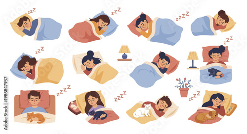 Collection of diverse people sleeping peacefully in various comfortable positions.