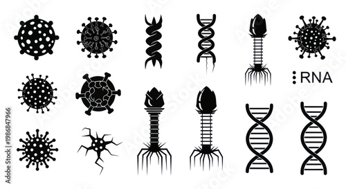 Collection of diverse virus and DNA illustrations representing scientific concepts.
