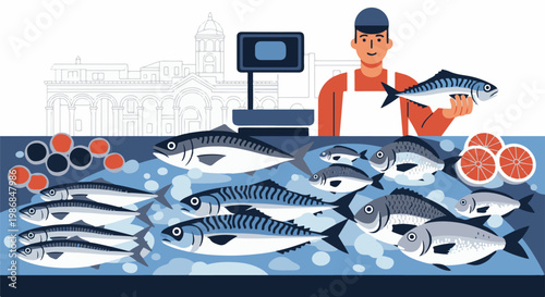 Fisherman with fresh fish and fruit stall in front of building