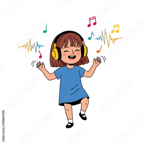 Happy Girl Dancing with Headphones, Listening to Music with Colorful Notes and Soundwaves