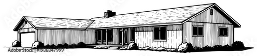 Single story ranch house with garage in vintage engraving style