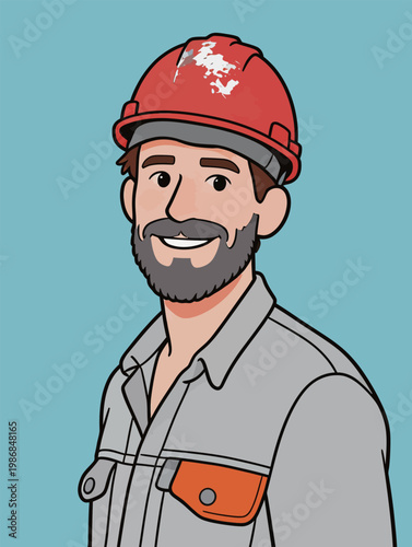 Cartoon Male Worker with Red Hard Hat