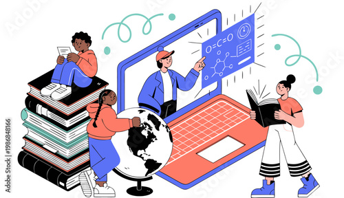 Online Education and Global Knowledge Concept with Diverse Students and Digital Laptop.eps