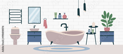 Bathroom interior background5. Vector banner in flat style.