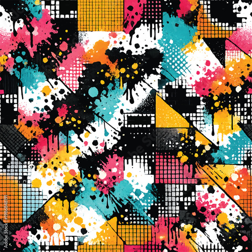 Urban graffiti seamless pattern with colorful paint splatters, abstract geometric street art background, vibrant grunge texture vector