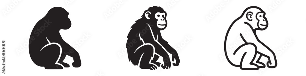 Fototapeta premium Vector icons of a sitting monkey or chimpanzee in three styles: solid silhouette, detailed animal anatomy, and clean bold outline. Ideal for wildlife and nature themes.