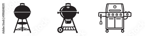 Vector icons of various barbecue grills in three styles: solid silhouette, detailed charcoal kettle grill, and a professional gas grill station. Ideal for cooking and summer party themes.