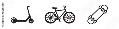 Vector icons of a kick scooter, bicycle, and skateboard in a clean bold outline style. Modern symbols for eco-friendly urban transportation and active lifestyle.