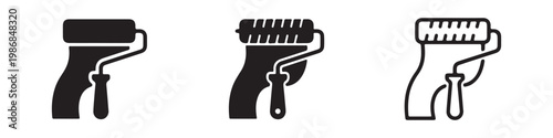 Icons of paint rollers in solid, detailed, and outline styles for home renovation and repair.