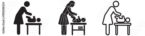 Vector icons of a mother changing a baby's diaper on a table. Includes solid silhouette, detailed, and bold outline styles. Concepts of childcare, parenting, and infant hygiene.