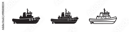Vector icons of tugboats in three styles: solid silhouette, detailed, and bold outline. Industrial maritime ships for harbor operations, towing, and sea transport.