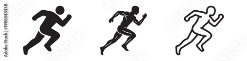 Vector icons of a running man in three styles: solid silhouette, detailed muscular anatomy, and bold outline. Symbols for sports, fitness, sprinting, and active lifestyle.