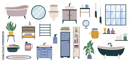 Bathroom interior objects set2. Bathroom interior cliparts isolated on white background. Vector elements in flat style.