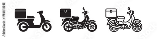 Vector icons of delivery motorbikes with cargo boxes in three styles: solid silhouette, detailed moped, and bold outline. Symbols for food delivery and courier logistics services.
